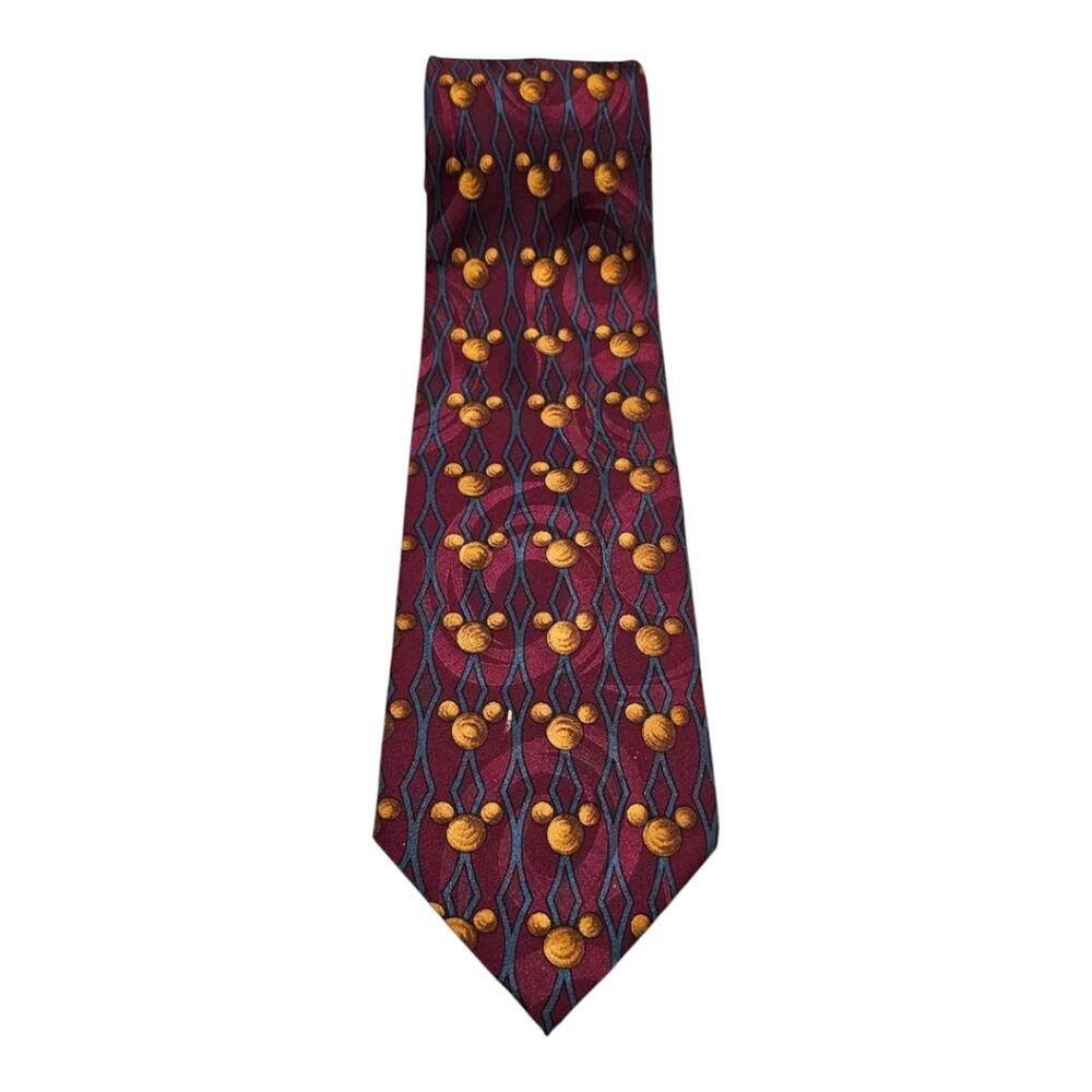 Walt Disney World Men's Necktie Mickey Ears Gold Maroon Blue 100% Silk Vintage